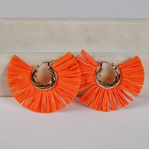 Lydia Orange Straw Fringe Hoop Earrings